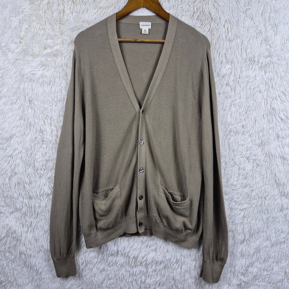 Club Monaco Mens XL Taupe Brown Cotton Rabbit Hair Blend Button Cardigan Sweater